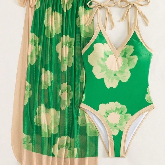 Green Beach Womens Floral Print Tie Shoulder One Piece Swimsuit With Beach Skirt - Picture 5 of 6